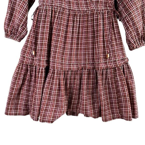 Madewell Seersucker Wrap Mini Dress in Dark Merlot Plaid Print Burgundy Red, XS‎ - Picture 9 of 16